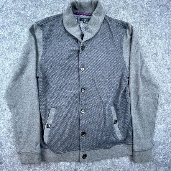 Ted Baker London Jacket Mens 4 Small Grey Shawl Knit Two Toned Varsity Preppy - Picture 1 of 7